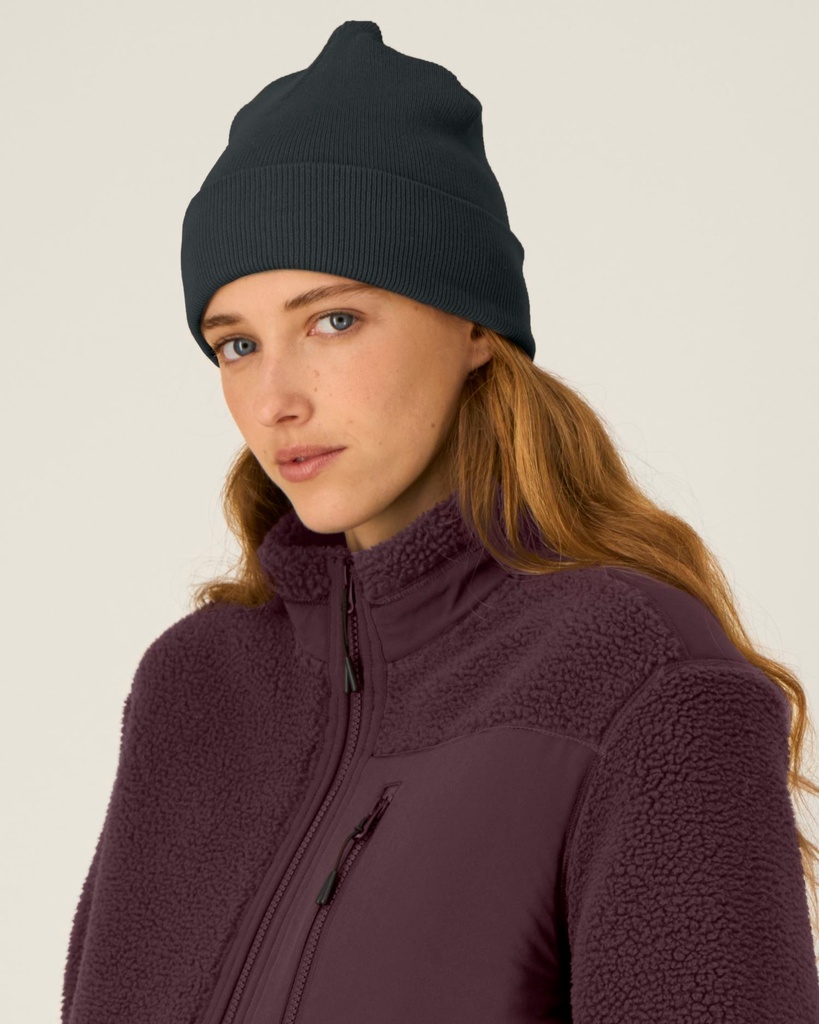 RIB BEANIE (Black) - Front detail, model photo 1